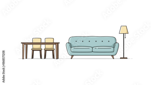 Minimalist living room with sofa and dining set on white background