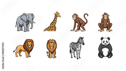 Colorful cartoon wildlife collection featuring elephant, giraffe, monkey, lion, zebra, and panda