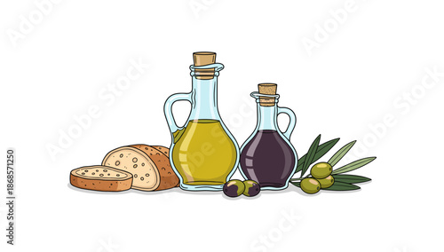 Fresh olive and balsamic dressing with bread and olives in modern cartoon style