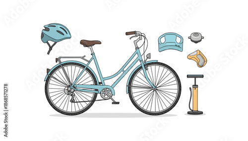 Bicycle with accessories in detailed flat style for cycling enthusiasts