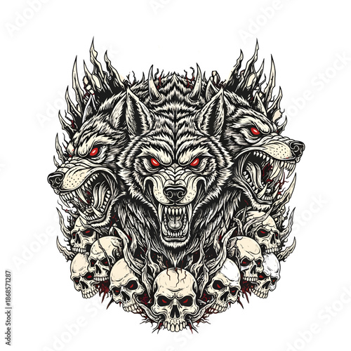 Multi Headed Wolf Crest With Skulls Illustration.