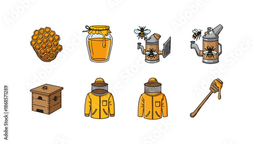 Beekeeping and honey production icons in cartoon style