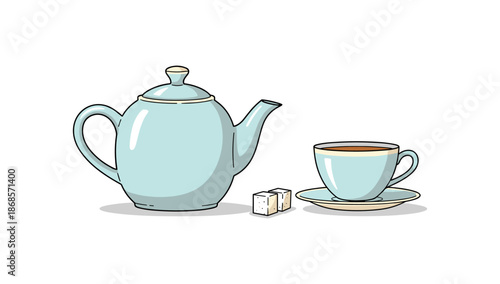 Charming tea set with cup and teapot accompanied by sugar cubes