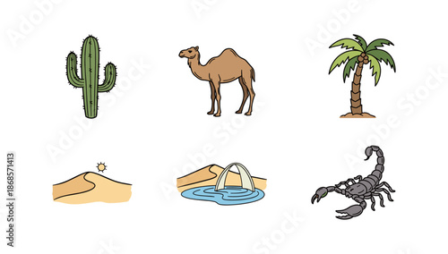 Desert landscape elements: cactus, camel, palm, sand dunes, oasis, scorpion