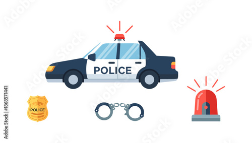 Police car and equipment set with badge and handcuffs in flat style