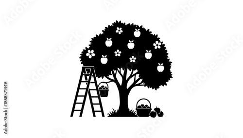 Apple tree silhouette with ladder and harvested baskets