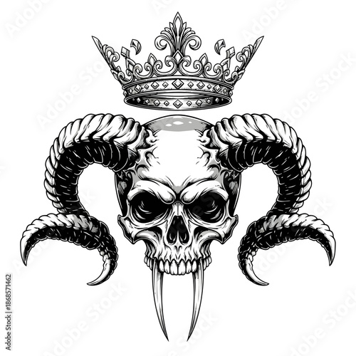 Skull with Crown and Ram Horns Illustration.