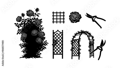 Garden tools and trellises with rose bush silhouettes for outdoor decoration