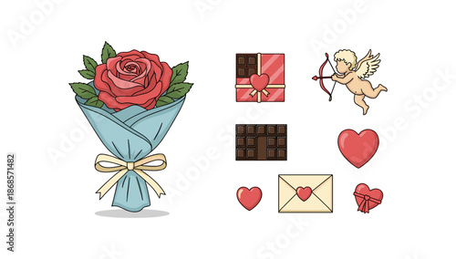 Romantic gift set with rose bouquet, cupid, and hearts for valentine's day