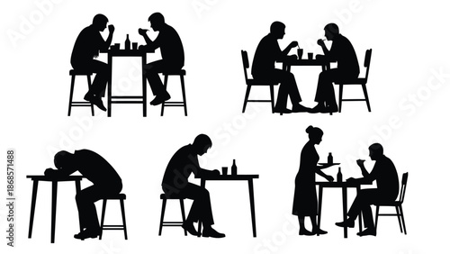Silhouettes of people dining alone and together in restaurant