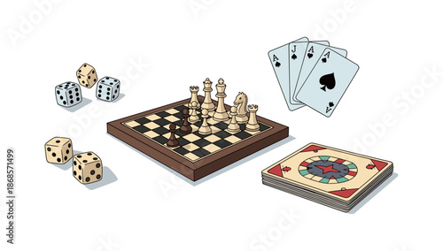 Classic board and card games collection with chess, dice, and playing cards