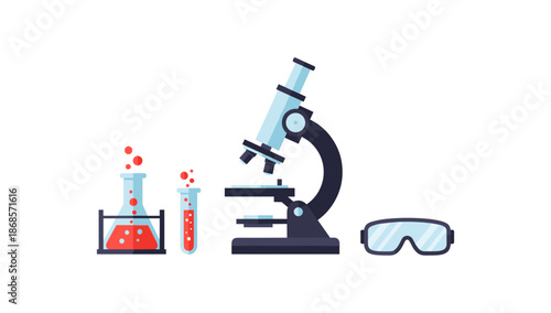 Science equipment flat design: microscope, beakers, safety goggles