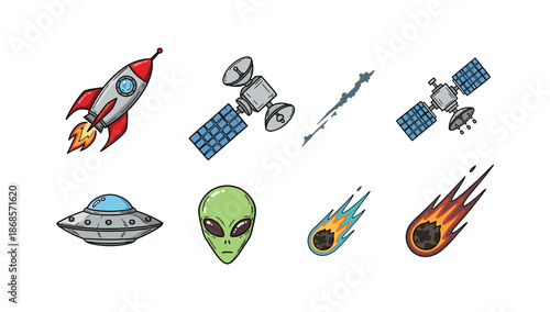 Space icons set: rocket, satellite, ufo, alien, comet in cartoon style