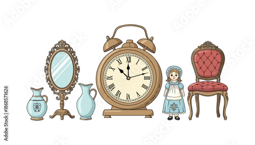 Antique collection: vintage clock, doll, mirror, chair, and vases