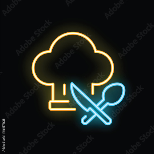 Neon sign of chef hat with crossed knife and spoon on black background