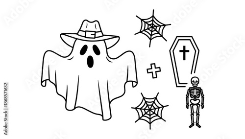 Halloween ghost with hat, skeleton, spider webs, and coffin elements in black and white