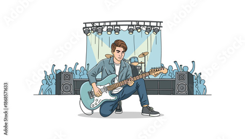 Cool musician playing electric guitar on stage with enthusiastic crowd and lights