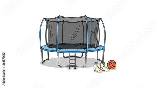 Backyard trampoline with safety enclosure, socks, and basketball on white background
