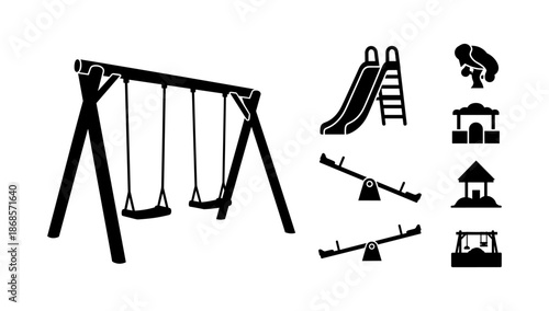 Silhouette playground elements: swings, slides, and seesaws for outdoor fun