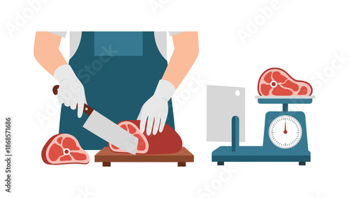 Butcher preparing meat with knife beside scale in flat style