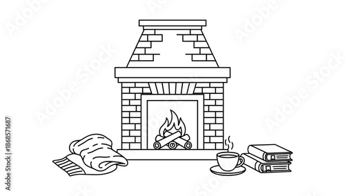 Cozy fireplace scene with books and blanket in minimalist linear style
