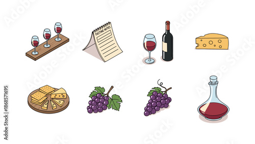 Wine and cheese tasting set with grapes and notes