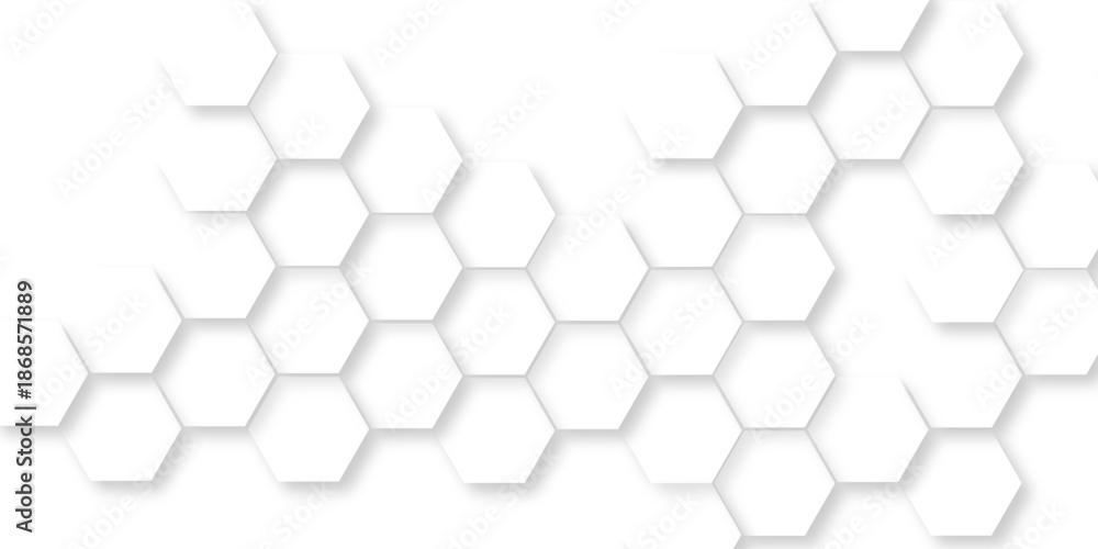 Fototapeta premium Abstract white 3d hexagonal surface with geometric wave line, light white hexagonal tile pattern, abstract white honeycomb structure featuring organic geometric patterns creates a modern design.