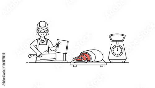 Butcher preparing meat with scale in minimalistic line art style