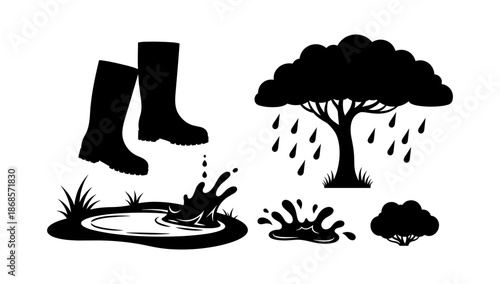 Silhouette rain boots with splash and tree design for nature scenes