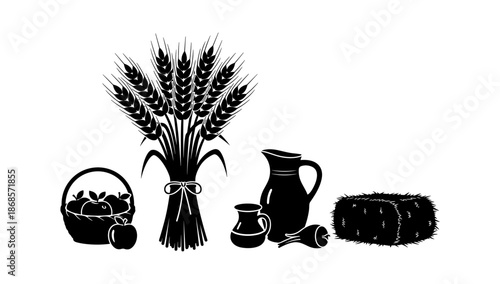 Silhouette of rustic farm elements with wheat and harvest items