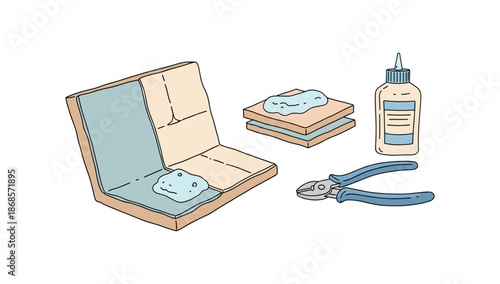 Diy craft setup with glue, cardboard, and tools in hand-drawn style