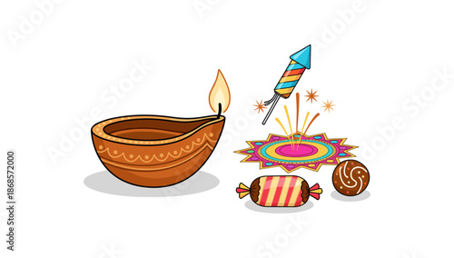Festive diwali celebration with diya, fireworks, and sweets