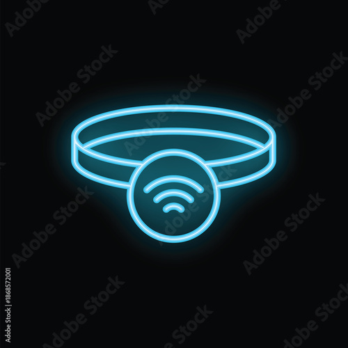 Blue glowing neon icon of a smart tracker collar for pets with a wifi symbol, isolated on a black background