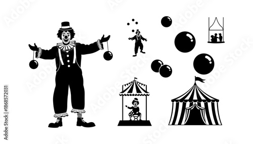 Circus clown silhouettes with tent and juggling balls