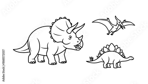 Black and white dinosaur sketches featuring triceratops, pterodactyl, and stegosaurus