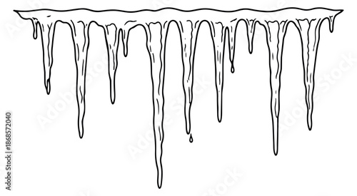 Hand drawn line art illustration of icicles depicting melting ice formation for winter designs