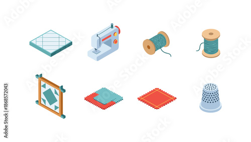 Colorful isometric sewing tools and accessories set on white background