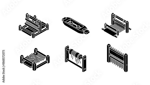 Isometric loom collection: diverse black and white weaving machines