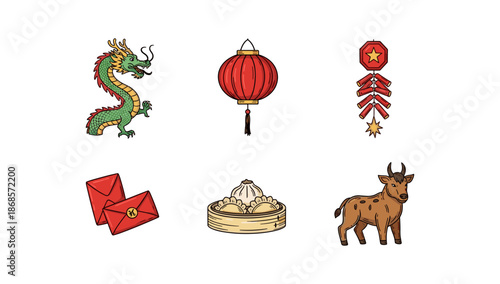 Chinese new year symbols: dragon, lantern, firecracker, red envelopes, dumplings, ox