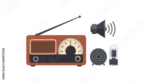 Vintage radio set with speaker and vacuum tube on white background