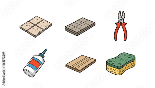Carpentry tools and materials set: pliers, wood boards, glue, sponge
