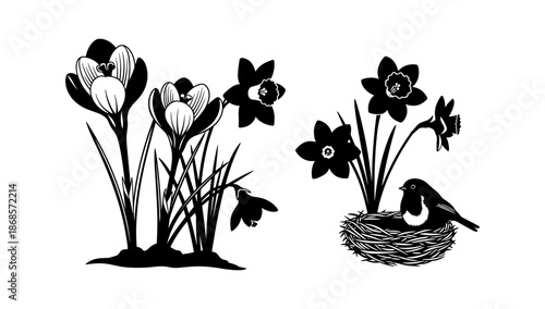 Black and white spring flowers with bird and nest silhouette design