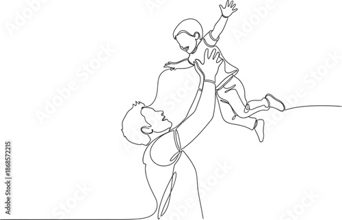 Father playfully tossing his happy child in the air with joyful expression