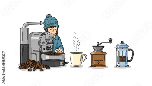 Coffee grinding process with barista and brewing tools in winter hat