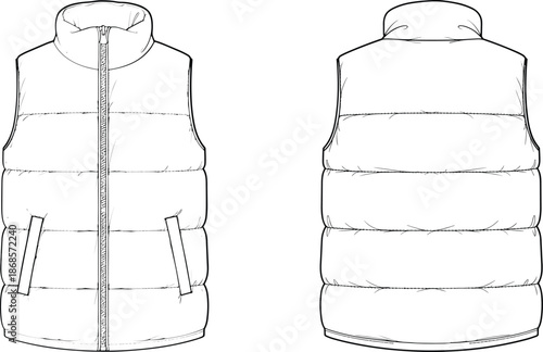 Technical flat sketch of a puffer vest vest mockup, quilted down gilet with zipper and pockets, fashion vector illustration template.