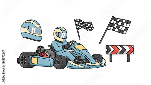 Cartoon racing set: go-kart, helmets, flags, and track marks