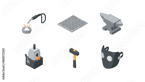 Isometric blacksmith tools and forge elements illustration in flat design