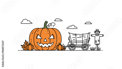 Minimalist halloween scene with pumpkin, scarecrow, and hay wagon