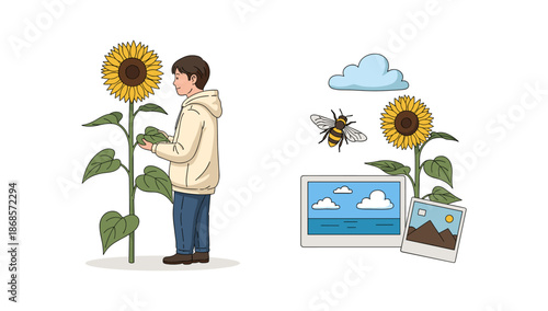 Man observing sunflower and bee interaction in nature concept art
