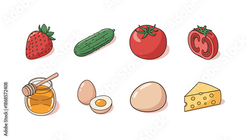Colorful food collection: strawberry, cucumber, tomato, honey, eggs, and cheese